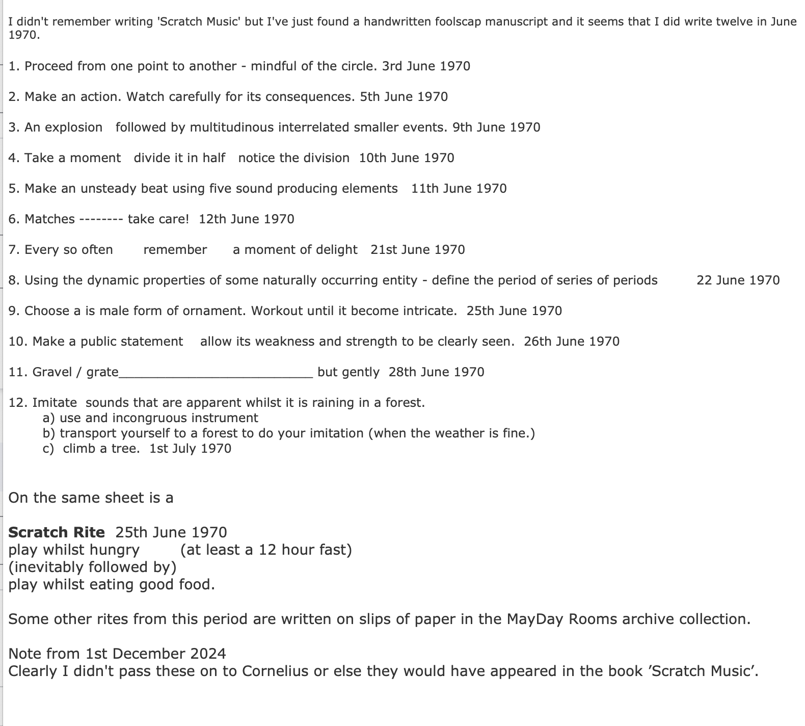 12 Pieces of Scratch Music written in 1970
